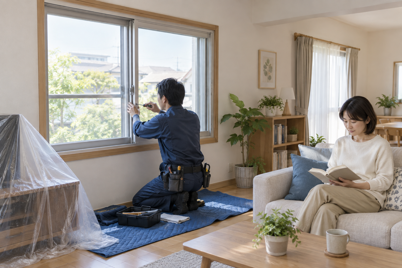 住みながら窓の断熱工事を進めている様子