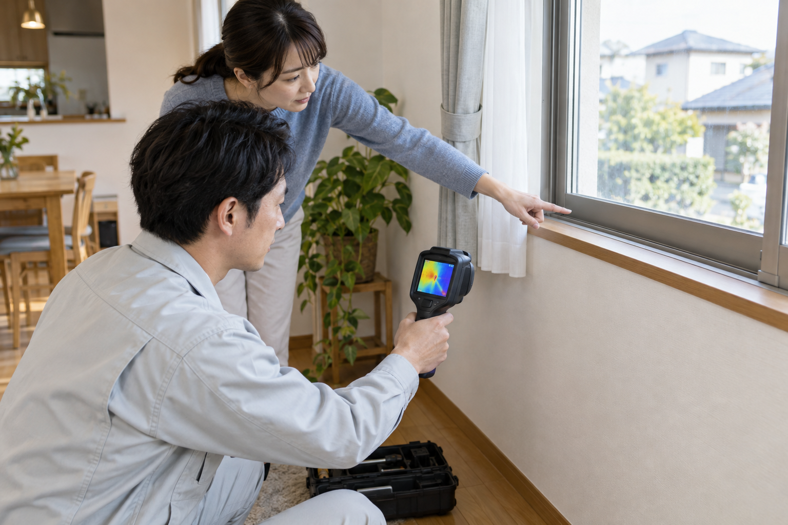 窓の冷えを赤外線カメラで調べる現地調査