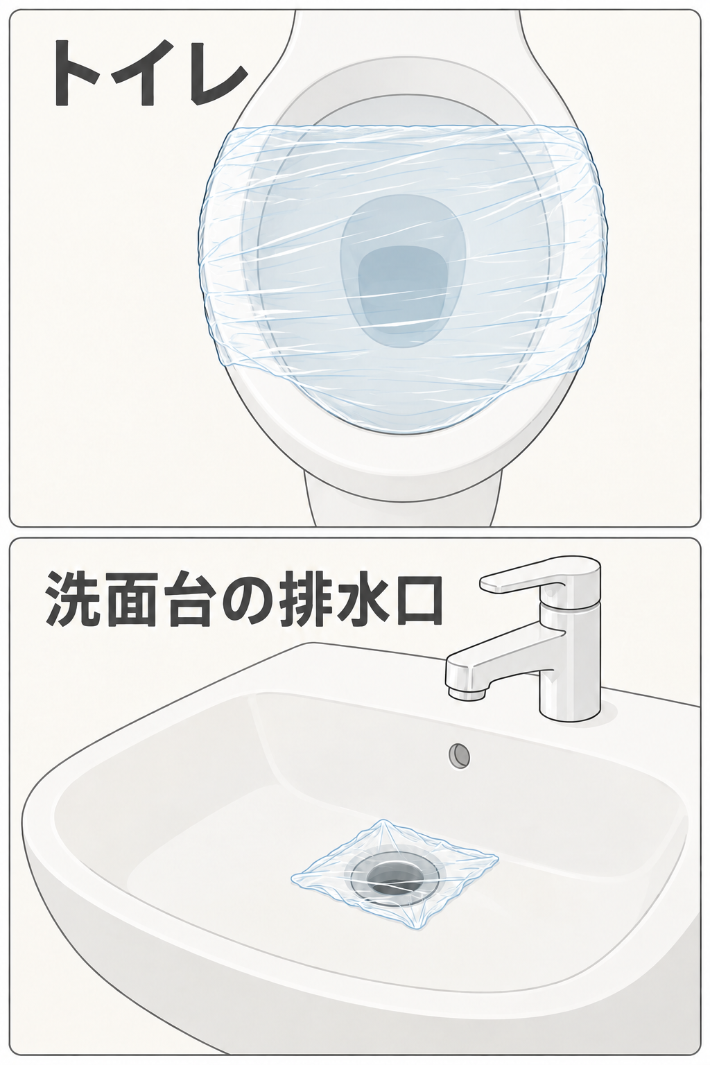 便器の陶器の縁にラップを貼り、洗面台は排水口の上面をラップで覆う例