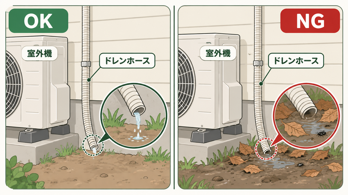 ドレンホースの出口の確認。先端が地面から離れて水が流れるOKの例と、泥や枯れ葉で詰まったNGの例