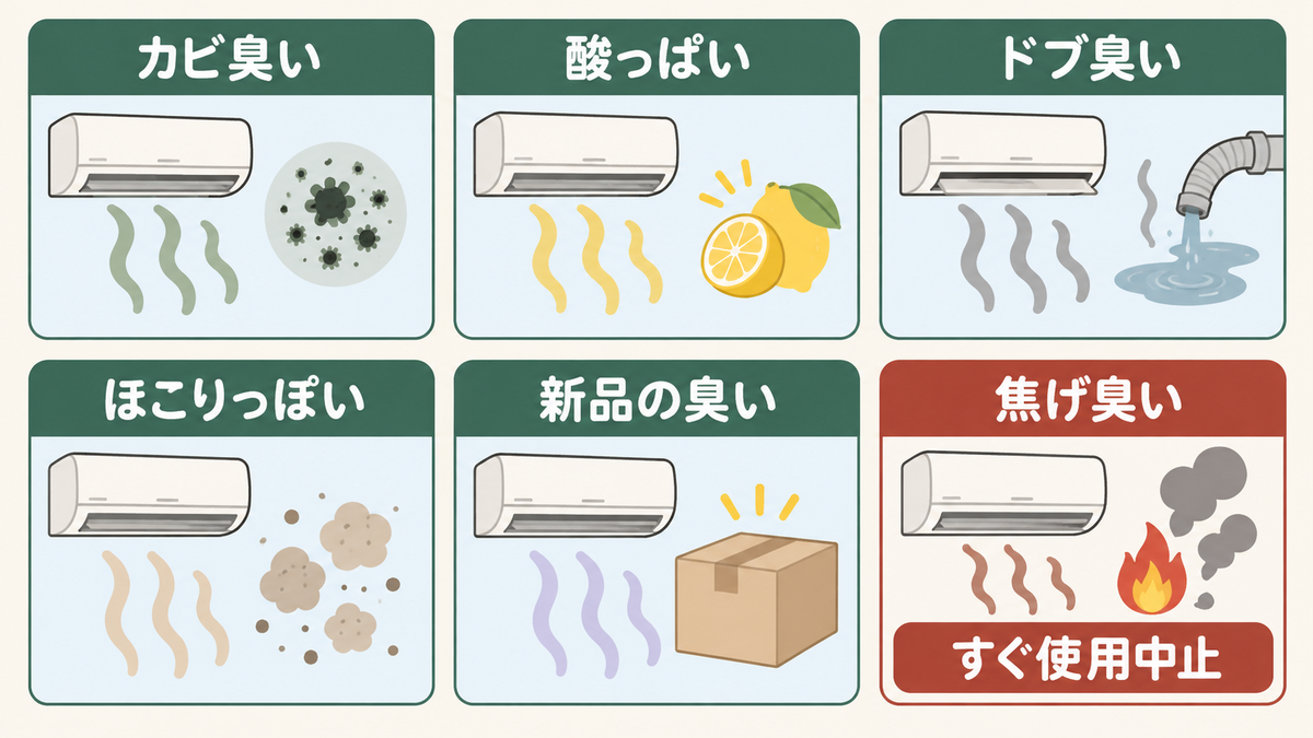 臭いの種類の見分け図。カビ臭い、酸っぱい、ドブ臭い、ほこりっぽい、新品の臭い、焦げ臭い（すぐ使用中止）