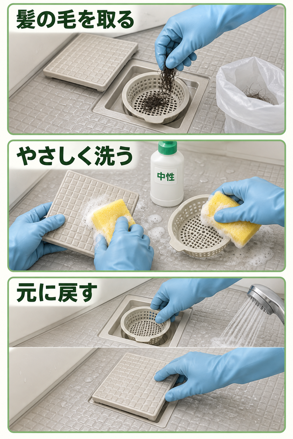 浴室の床の排水口掃除。フタの下の受け皿から髪の毛を取り、フタと受け皿を中性洗剤で洗い、すすいで元に戻す