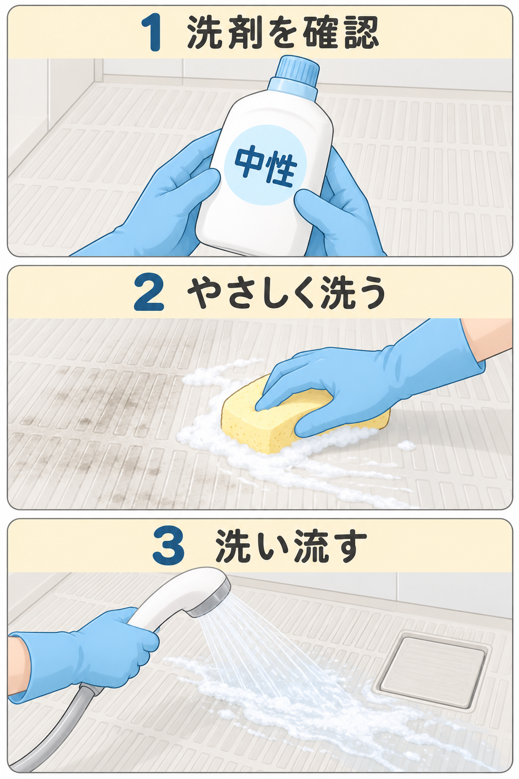 床掃除の3手順。使える中性洗剤を確認し、柔らかいスポンジで優しく洗い、シャワーで洗剤を流す