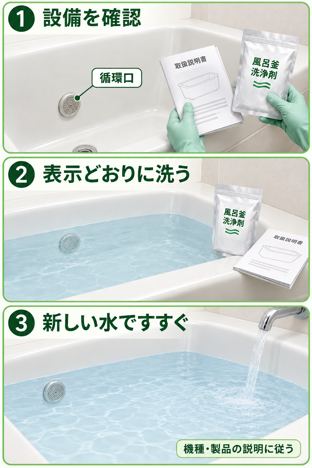 循環口が一つある浴槽の例。設備と洗浄剤を確認し、説明に従って洗浄し、排水後に新しい水ですすぐ流れ