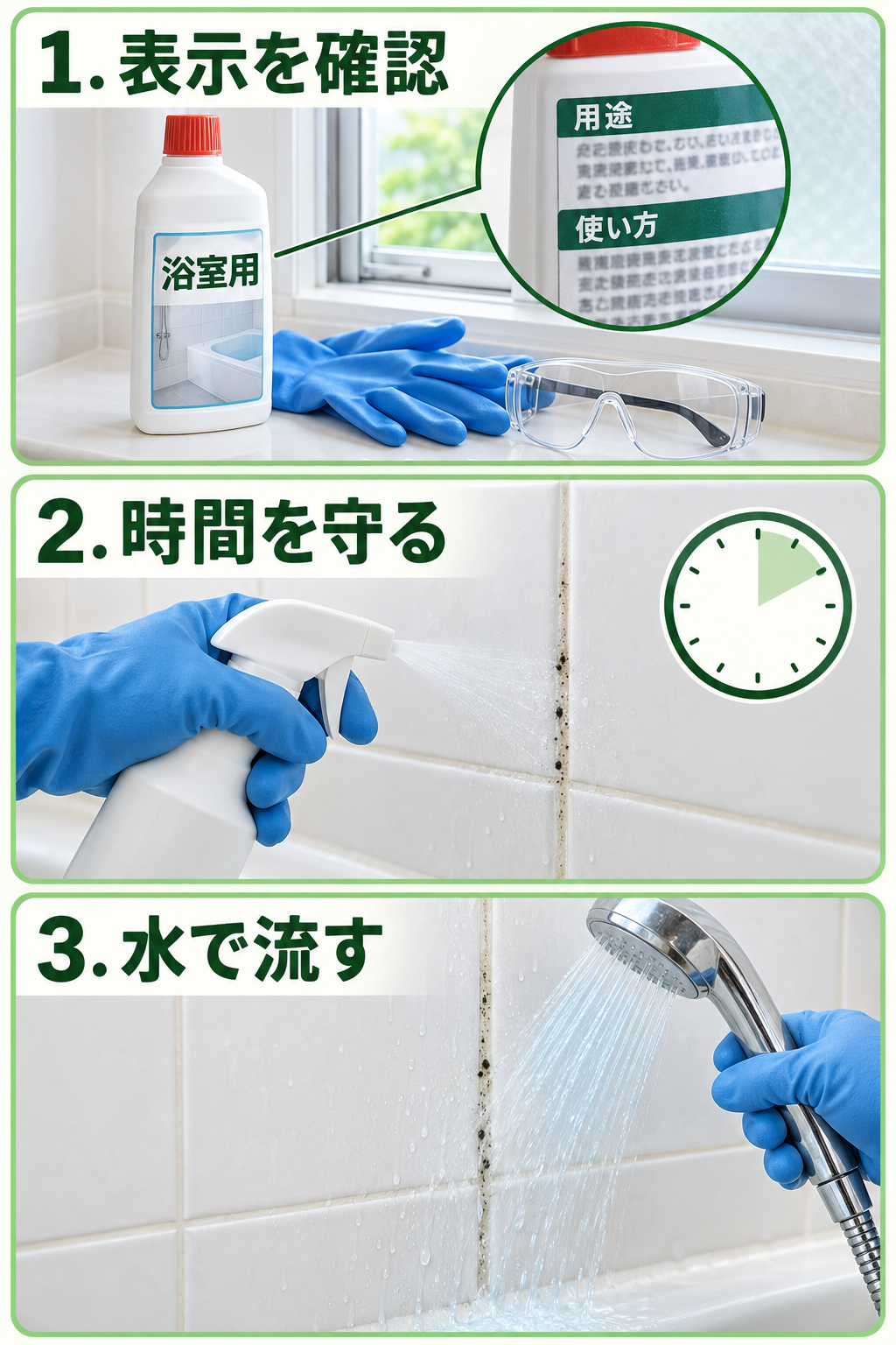 浴室用カビ取り剤の用途と使い方を確認し、表示の時間を守って使い、水で洗い流す3手順