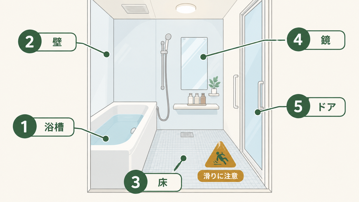 浴室の面ごとの図。浴槽、壁、床、鏡、ドアの5つの面を示し、床は滑りに注意