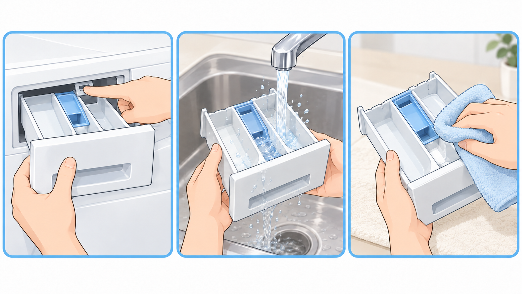 取り外せる洗剤ケースを水洗いし、布で水気を拭き取る手順