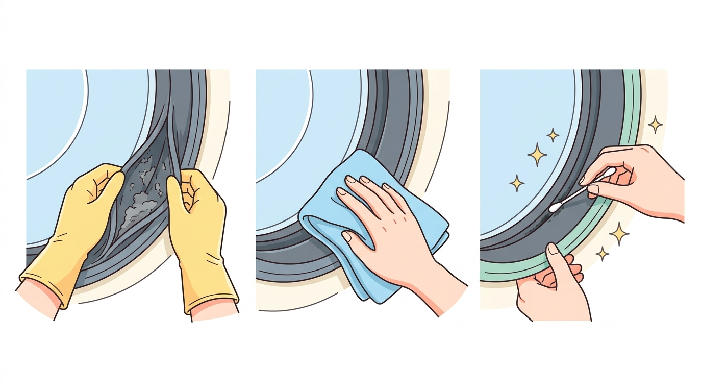 ドアパッキンの掃除手順：ゴムの溝をめくってほこりを拭き取り、綿棒で手の届く溝の汚れを拭く
