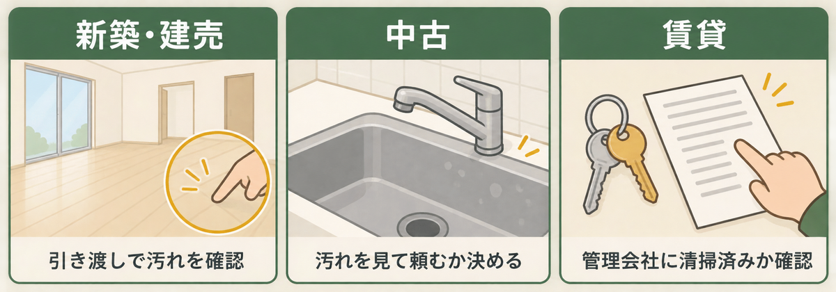 住まいの種類ごとの判断の図。新築・建売は引き渡しで汚れを確認、中古は汚れを見て頼むか決める、賃貸は管理会社に清掃済みか確認