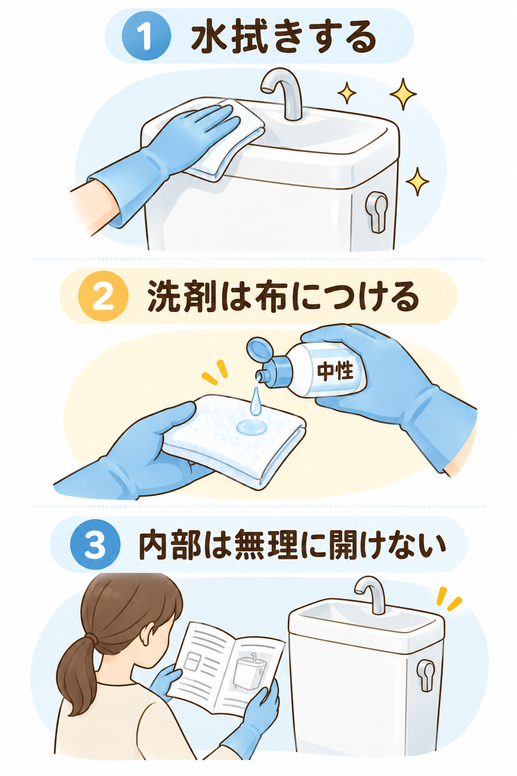タンクの掃除の3手順。上と外側を水拭きし、落ちない汚れは中性洗剤を布につけて拭く。内部は無理に開けず説明書を確認する