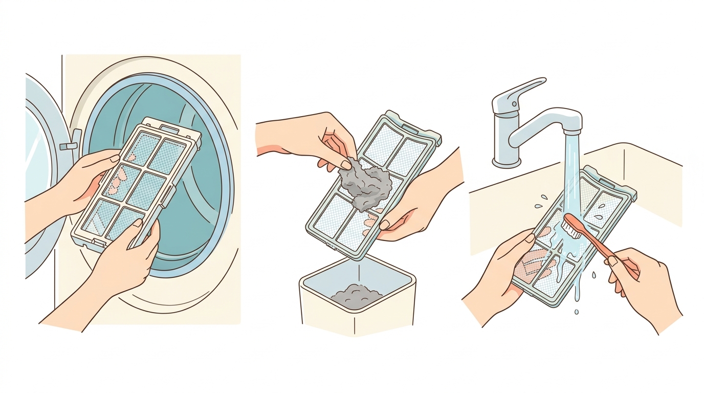 水洗いできるフィルターを外してゴミを捨て、洗う手順